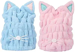 2Pcs Ultra Absorbent Hair Quick Drying Towel  Hair Dry Wrap Turban Cute Kitty Ears Cap Bath Tool Hat for Women Girls