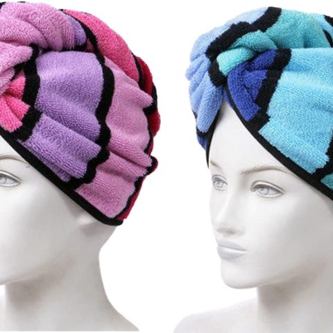 2 Pack 100% Cotton Hair Towel Wrap, Hair Drying Towel with Button for Women, Dry Hair Hat, Shower Head Towel (red & Blue)
