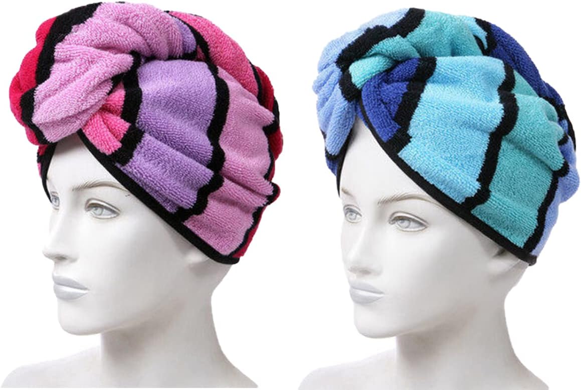 2 Pack 100% Cotton Hair Towel Wrap, Hair Drying Towel with Button for Women, Dry Hair Hat, Shower Head Towel (red & Blue)