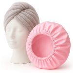 2-Piece  Hair Towel Wrap & Satin Shower Cap Set – Quick Dry, Super Absorbent, Anti-Frizz & Waterproof – Reusable, Adjustable Fit for Curly, Long, All Hair Types – Soft Pink & Gray for Women