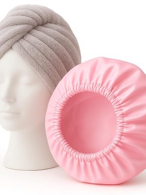 2-Piece  Hair Towel Wrap & Satin Shower Cap Set – Quick Dry, Super Absorbent, Anti-Frizz & Waterproof – Reusable, Adjustable Fit for Curly, Long, All Hair Types – Soft Pink & Gray for Women