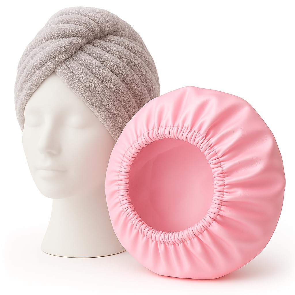2-Piece  Hair Towel Wrap & Satin Shower Cap Set – Quick Dry, Super Absorbent, Anti-Frizz & Waterproof – Reusable, Adjustable Fit for Curly, Long, All Hair Types – Soft Pink & Gray for Women