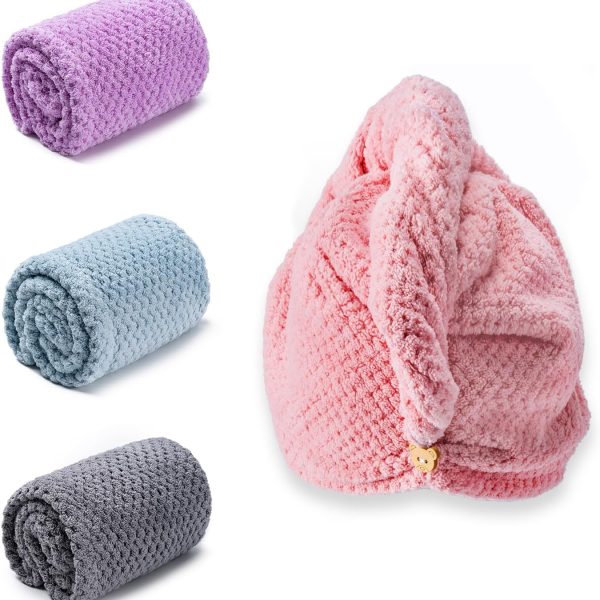 Hair Towel Wrap, 4 Packs 9.8 x 25.6 Inch Towel Turbans for Wet Hair, Dry Hair Towel, Headbands for Curly and Long Hair - Bathroom Must-Have for Ladies