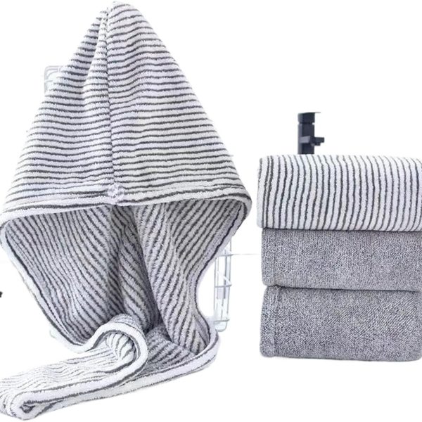 Gray Bamboo Charcoal Hair Towels Dry Hair Caps Soft Water Absorbing Shower Caps  Towel Quick Drying Towels for Women(Grey Stripe)