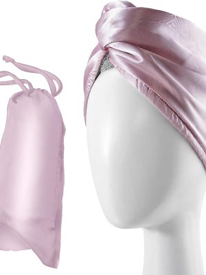 Satin  Hair Towel Wrap Set - Ultra Absorbent Satin  Hair Towel with Matching Satin Travel Bag - Ideal for Luxurious Hair Care (pink)