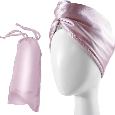 Satin  Hair Towel Wrap Set - Ultra Absorbent Satin  Hair Towel with Matching Satin Travel Bag - Ideal for Luxurious Hair Care (pink)