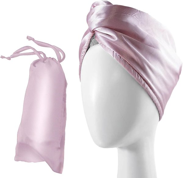 Satin  Hair Towel Wrap Set - Ultra Absorbent Satin  Hair Towel with Matching Satin Travel Bag - Ideal for Luxurious Hair Care (pink)
