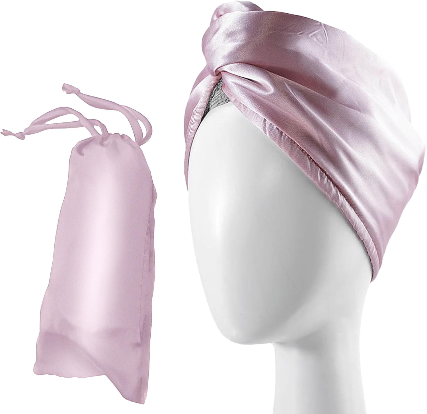 Satin  Hair Towel Wrap Set - Ultra Absorbent Satin  Hair Towel with Matching Satin Travel Bag - Ideal for Luxurious Hair Care (pink)