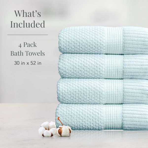 100% Cotton Bath Towels 4 Pack | Super Soft & Absorbent Quick-Dry Bath Towels 30" x 52" | Textured and Durable Cotton |  Collection (4 Pack Bath Towel, Seafoam)