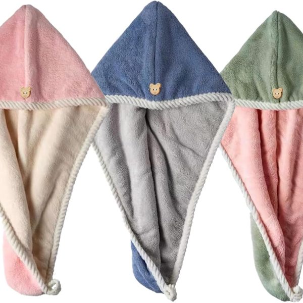 Hair Towel Wrap, 3 Packs Turban with Button, Head Towel for Curly Wet Drying Hair for Women, Quick Dry Bath & Shower Towel(Pink, Green, Blue)