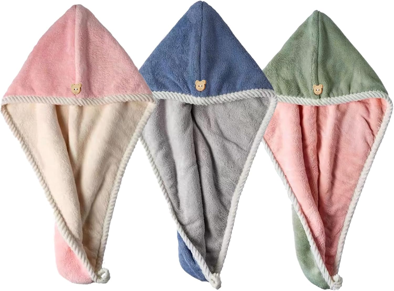 Hair Towel Wrap, 3 Packs Turban with Button, Head Towel for Curly Wet Drying Hair for Women, Quick Dry Bath & Shower Towel(Pink, Green, Blue)