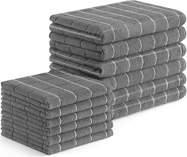 Kitchen Towels and Dishcloths Set, 12 Pack Soft and Absorbent Dish Hand Towels Bulk, 28 x 16 Inch & 12 x 12 Inch Quick Drying Rags for Washing Dishes, Grey