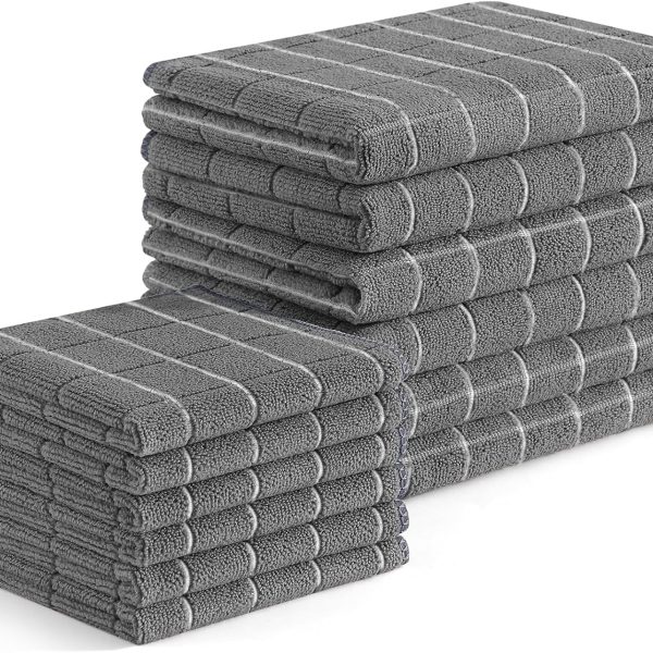 Kitchen Towels and Dishcloths Set, 12 Pack Soft and Absorbent Dish Hand Towels Bulk, 28 x 16 Inch & 12 x 12 Inch Quick Drying Rags for Washing Dishes, Grey