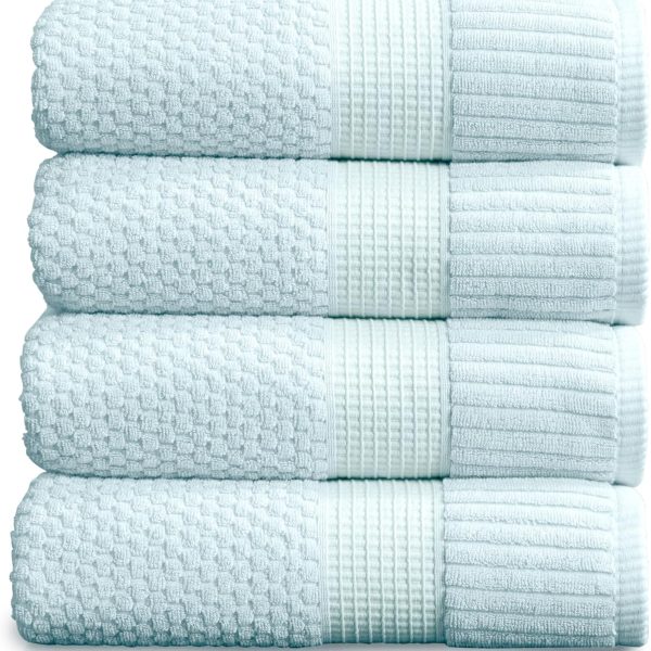 100% Cotton Bath Towels 4 Pack | Super Soft & Absorbent Quick-Dry Bath Towels 30" x 52" | Textured and Durable Cotton |  Collection (4 Pack Bath Towel, Seafoam)