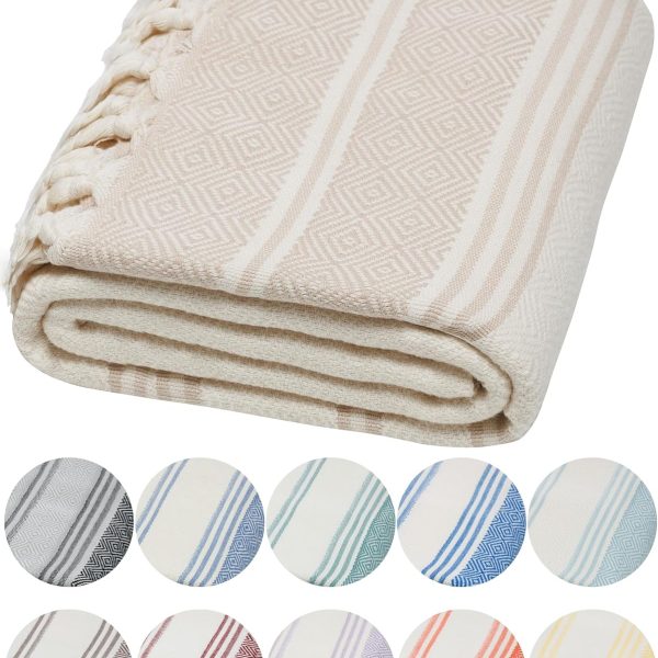 Organic Turkish Cotton Ultra Soft Bath Towel - Luxury Oversized Peshtemal for Bathroom, Bath Sheet - Lightweight Quick-Drying Beach Towel - Prewashed, Diamond Weave, 71x36'', White-Beige
