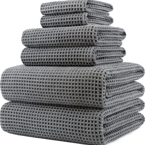 Oversize, 60 x 30 in., Quick Dry Lint Free  Bath Towel Set, 6 Piece (Gray, Waffle Weave)