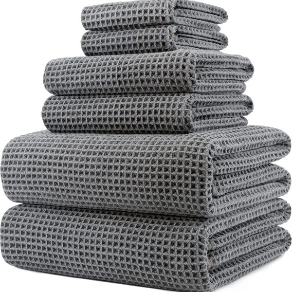 Oversize, 60 x 30 in., Quick Dry Lint Free Bath Towel Set, 6 Piece (Gray, Waffle Weave)