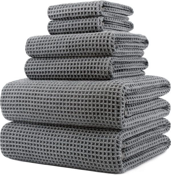 Oversize, 60 x 30 in., Quick Dry Lint Free Bath Towel Set, 6 Piece (Gray, Waffle Weave)