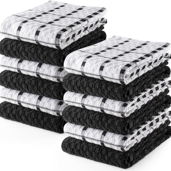 - Kitchen Towels 12 Pack, 15 x 25 Inches, 100% Ring Spun Cotton Super Soft and Absorbent Linen Dish, Tea and Bar Towels Set, Black