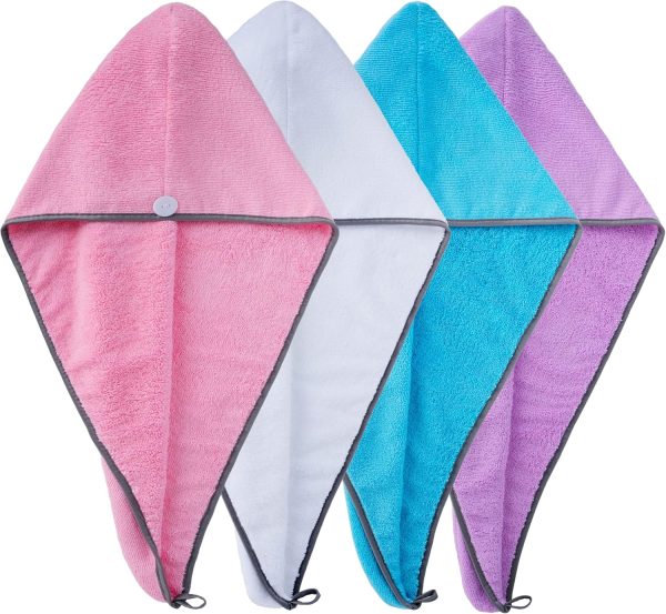 Hair Turban Wrap Drying Towel, 12 x 28 in, 4 Pack (Blue,Pink,Purple,White)