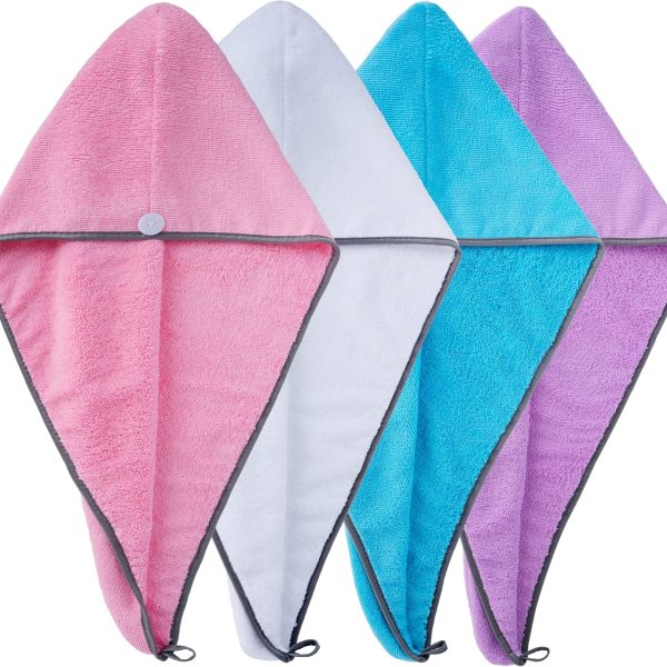 Hair Turban Wrap Drying Towel, 12 x 28 in, 4 Pack (Blue,Pink,Purple,White)