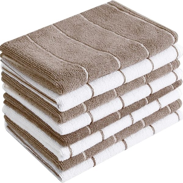 Kitchen Towels - Super Absorbent, Soft and Solid Color Dish Towels, 8 Pack (Stripe Designed Brown and White Colors), 26 x 18 Inch