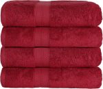 Bath Towel Set, Rayon from Bamboo Cotton Blend, Ideal for Bathroom, Guest Bathroom, and Beach, Modern Style with Solid Dobby Border, Includes 4 Pieces; Bath Towels, Crimson