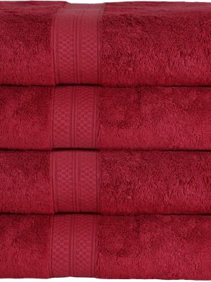 Bath Towel Set, Rayon from Bamboo Cotton Blend, Ideal for Bathroom, Guest Bathroom, and Beach, Modern Style with Solid Dobby Border, Includes 4 Pieces; Bath Towels, Crimson