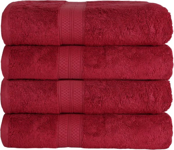 Bath Towel Set, Rayon from Bamboo Cotton Blend, Ideal for Bathroom, Guest Bathroom, and Beach, Modern Style with Solid Dobby Border, Includes 4 Pieces; Bath Towels, Crimson