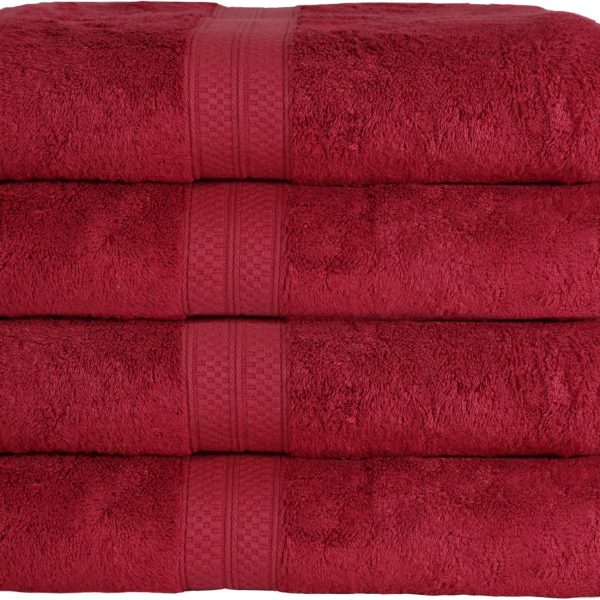 Bath Towel Set, Rayon from Bamboo Cotton Blend, Ideal for Bathroom, Guest Bathroom, and Beach, Modern Style with Solid Dobby Border, Includes 4 Pieces; Bath Towels, Crimson