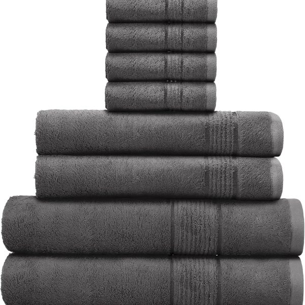 Ultra Soft Luxury Bamboo Viscose Cotton Bath Towel Set 8 Piece Towels 600 GSM 2 Bath Towels 2 Hand Towels and 4 Washcloths (Dark Grey, 8)