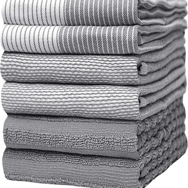 Premium Kitchen Towels (20”x 28”, 6 Pack) | Large Cotton Kitchen Hand Towel | Flat & Terry Dish Cloths | Highly Absorbent Tea Towels Set with Hanging Loop | Gray