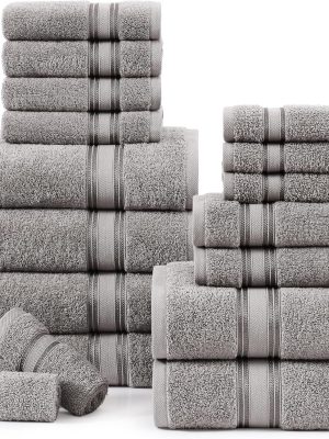 100% Cotton 18 Piece Bath Towel Set - Zero Twist, Quick Dry, Super Soft & Highly Absorbent - 6 Bath, 6 Washcloths, 6 Hand Towels for Bathroom - Hotel Quality Bathroom Towel Set - Grey